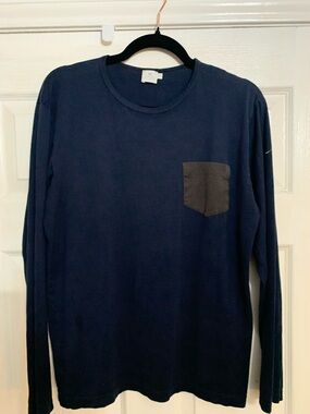 Mens Sunspel Navy Long-Sleeve Brown Pocket Tee Medium